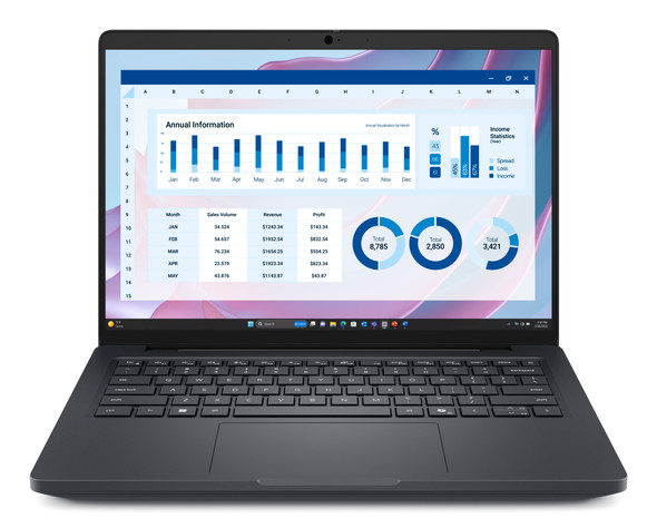 Dell Pro Max 14 Copilot+ AI PC Laptop – Front open angle showing the 14-inch QHD+ display and backlit keyboard