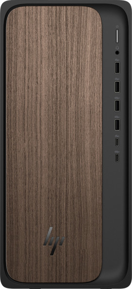 HP OmniDesk M03-0074 Desktop PC – Front view showing Dark Wood accent panel and front I/O ports
