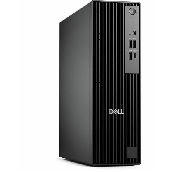 Dell Pro Slim QBS1250 SFF Desktop – Front Angle View Showing Black Compact Chassis, Optical Drive, and Front I/O Ports