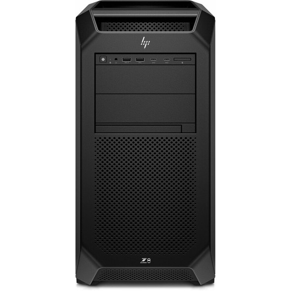HP Z8 Fury G5 Workstation Desktop PC – Front isometric view highlighting black tower chassis, modern ventilation grille, and front IO connectivity