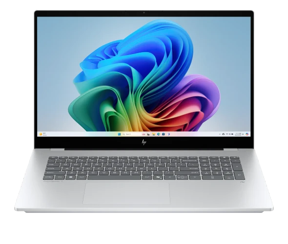 HP OmniBook 7 17T-DC000 17.3-Inch Touchscreen Laptop – Front View Displaying Glacier Silver Chassis and BrightView Screen