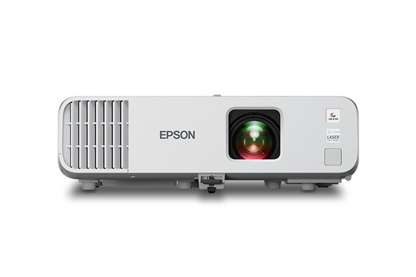 Epson PowerLite L210W 3LCD Laser Projector – Front View in Sleek White Enclosure