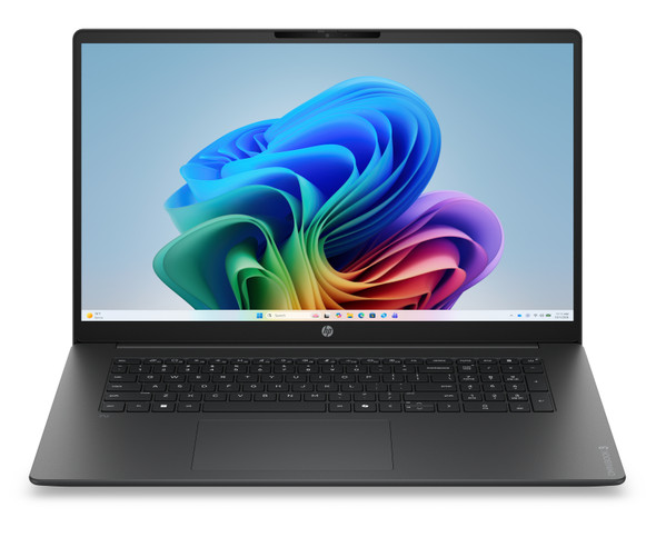 HP OmniBook 3 17.3-inch AI Laptop – Front angle view showing Mica Silver matte chassis and 17.3-inch Full HD display