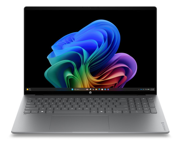 HP OmniBook 5 16" Touchscreen Laptop – Front angled view displaying the 2K OLED touchscreen display in Meteor Silver