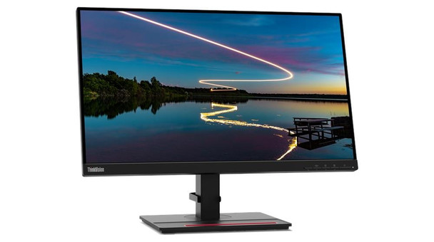 Lenovo ThinkVision T24m-20 monitor in Raven Black featuring a full-function ergonomic stand and integrated USB-C docking ports.