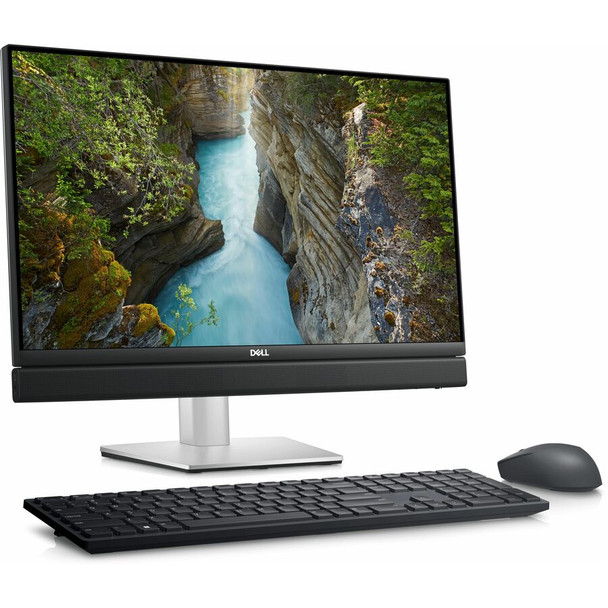 Front view of textured black Dell OptiPlex 7410 All-in-One PC with 23.8 inch display on desk stand.