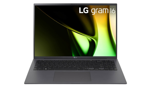 LG Gram Lightweight Notebook in Charcoal Gray featuring a 16-inch 16:10 IPS display and backlit keyboard.
