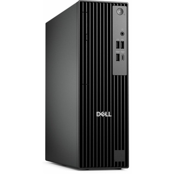 Front view of Dell Pro Slim QCS1255 desktop PC in black, showcasing compact design and versatile connectivity ports.