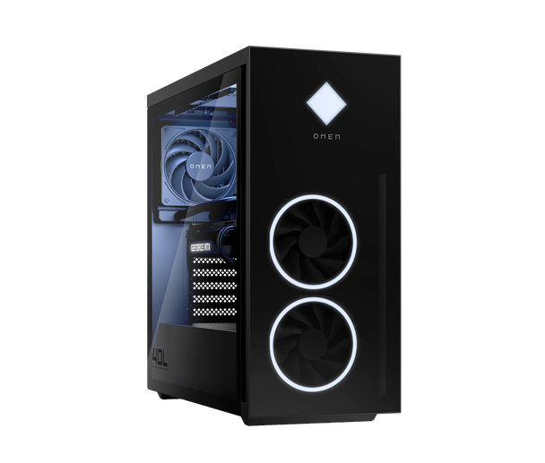 Angled view of HP OMEN 40L GT21-1364 Gaming Desktop PC showcasing a bold black chassis with RGB lighting, powered by AMD Ryzen 7 7700 processor, NVIDIA RTX 4070 SUPER 12GB graphics, 32GB DDR5 RAM, 1TB SSD, and Windows 11 Home—designed for high-end gaming, streaming, and creative productivity.
