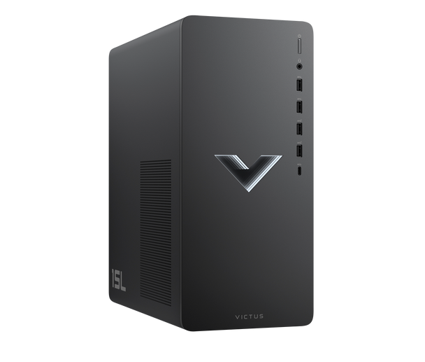 Front and side view of HP Victus 15L TG02-2029c Gaming Desktop with a sleek, space-saving black chassis, powered by Intel Core i5-14400F processor, NVIDIA RTX 3050 6GB graphics, 16GB RAM, 512GB SSD, and Windows 11 Home—engineered for casual gaming, streaming, and creative multitasking.
