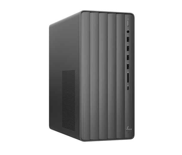 HP ENVY TE01-5344 Desktop PC in Nightfall Black finish, featuring a sleek vertical tower design powered by Intel Core i5-14400 processor, 12GB RAM, 1TB SSD, and Windows 11—engineered for responsive everyday computing, media consumption, and home office productivity.