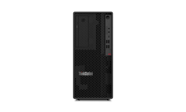 Lenovo ThinkStation P2 Tower Gen 2 desktop workstation featuring Intel Ultra 7 processor, 32GB RAM, 512GB SSD, NVIDIA RTX 5060 8GB graphics, and Windows 11 Pro—shown in sleek black chassis with front-facing ports.
