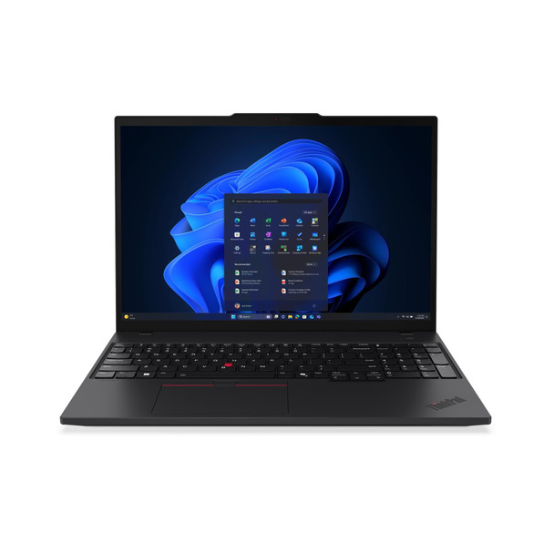 Lenovo ThinkPad T16 Gen 4 AI business laptop with 16-inch touchscreen, Intel Core Ultra 7 processor, 32GB DDR5 RAM, and 1TB SSD, shown in black with backlit keyboard