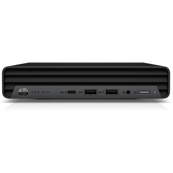 HP Pro 400 G9 Mini Desktop PC with Intel Core i5-12500T processor, 16GB DDR4 RAM, 512GB SSD, Windows 11 Pro, and 1-Year HP Warranty—compact black chassis with front-facing USB ports and minimalist design.