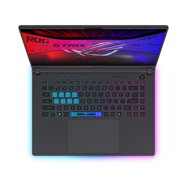ASUS ROG Strix G16 G614FP-DS96 gaming laptop with 16-inch WQXGA 240Hz display, AMD Ryzen 9 9955HX processor, NVIDIA GeForce RTX 5070 GPU, 32GB DDR5 RAM, 1TB NVMe SSD, and Windows 11 Home; shown with sleek black chassis and RGB-backlit keyboard.