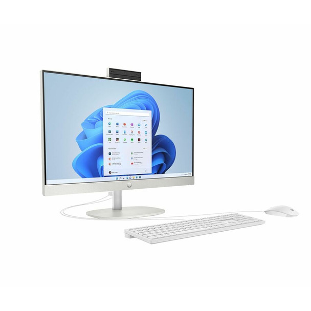 HP 24-cr0410 All-in-One Desktop PC in Shell White, featuring a sleek 23.8-inch Full HD IPS display with thin bezels, supported by a minimalist stand. The system includes an AMD Athlon Silver 7120U processor, 8GB LPDDR5 memory, and 256GB SSD storage, running Windows 11 Home. Keyboard and mouse are positioned in front, completing the clean, modern workspace setup.