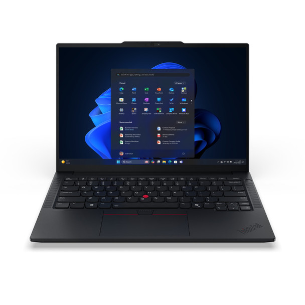 Front view of Lenovo ThinkPad E14 Gen 7 laptop with 14-inch WUXGA display, featuring Intel Core Ultra 5 225U processor, 16GB DDR5 RAM, and 256GB SSD; sleek black chassis running Windows 11 Pro, designed for AI-enhanced productivity.