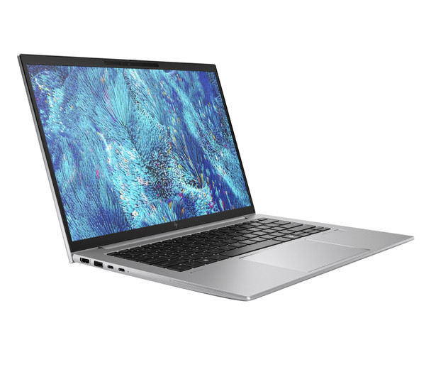 HP ZBook Firefly 14 G11 laptop with Intel Ultra 5 125H processor, 14-inch touchscreen display, 16GB RAM, 512GB SSD, running Windows 11 Pro—angled view showing slim design and professional build.