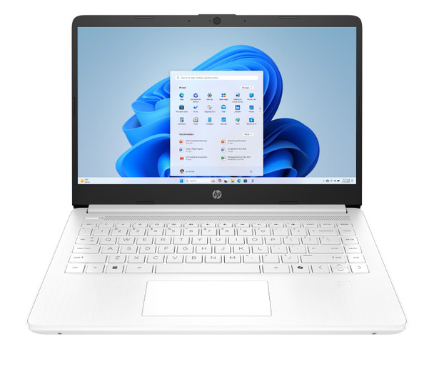 HP 14-dq3120nr Snowflake White laptop with 14 inch anti-glare display and Intel Celeron N4500 processor for eco-friendly portable productivity.