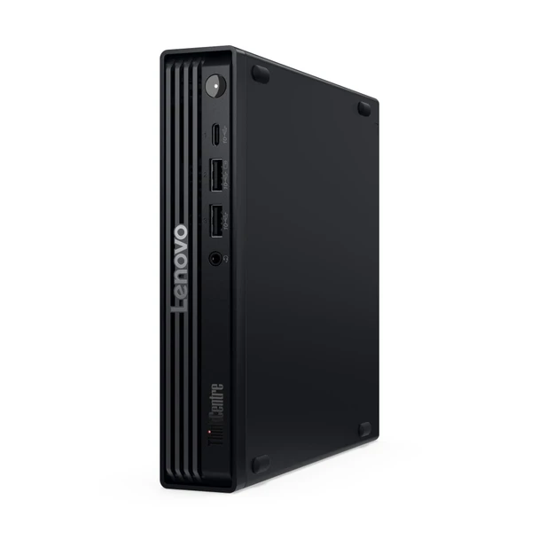 Lenovo ThinkCentre M70q Gen 6 Tiny AI PC in Black featuring ultra-compact 1L chassis and vertical stand.