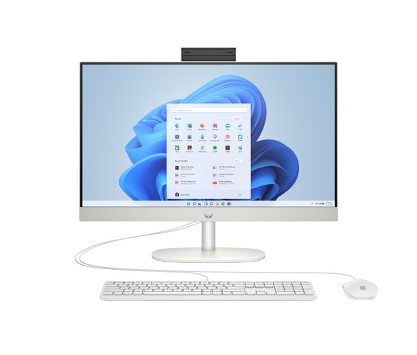 Certified Refurbished HP 24-cr0420 All-in-One in Shell White featuring a 23.8-inch FHD touchscreen and privacy camera.