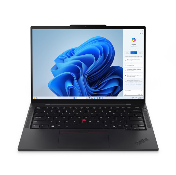 Lenovo ThinkPad T14s Gen 5 AI PC in Black featuring 14 inch anti-glare display and 5MP IR camera with privacy shutter.
