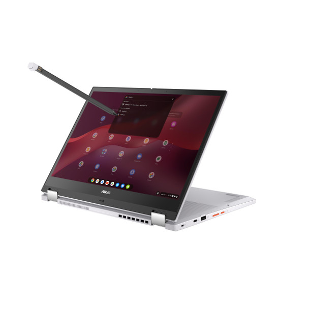Asus Chromebook Vibe CX34 Flip in Pearl White showing 360-degree hinge and 144Hz WUXGA touchscreen display