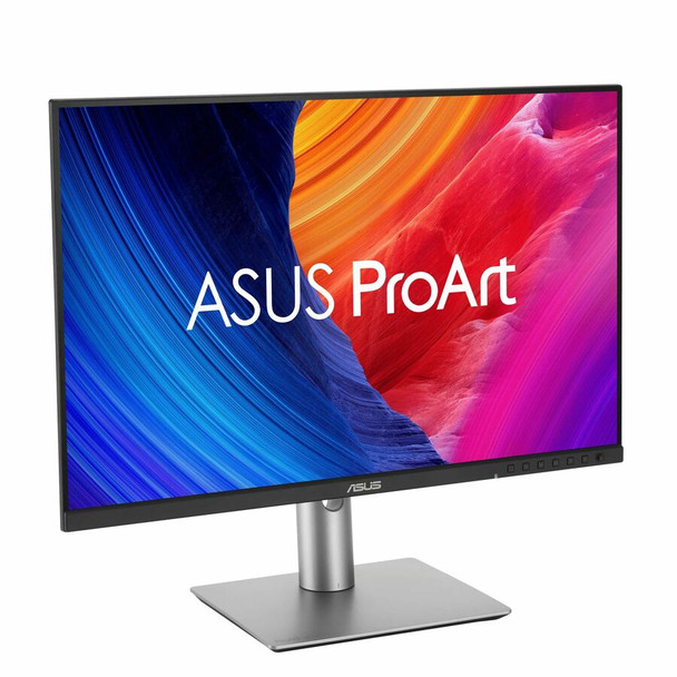 Front view of Asus ProArt PA248QFV monitor displaying vibrant colors with its ergonomic stand adjusted for height and tilt.