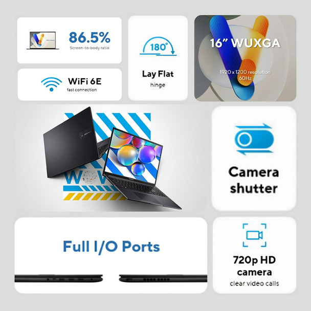 ASUS Vivobook 16 16" WUXGA Laptop Intel Core i7-1255U 16GB RAM 512GB SSD Windows 11 Home, Indie Black (Refurbished)