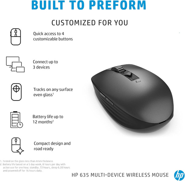 HP Wireless Multi-Device 635 Mouse - Travel Mouse - Wireless - Bluetooth - Black - USB - 4 Button(s)