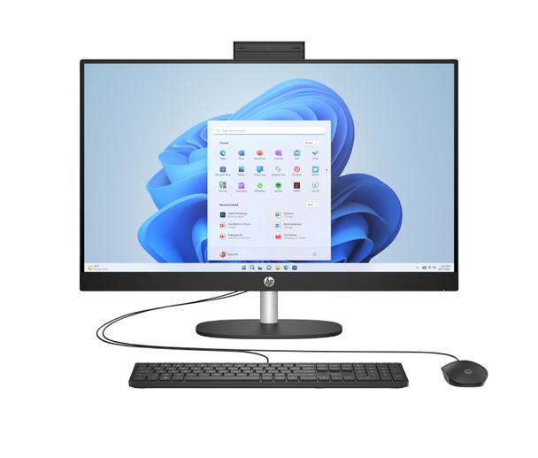 Front view of HP 27-cr0023w All-in-One PC showing the 27-inch FHD touchscreen display and sleek black design.