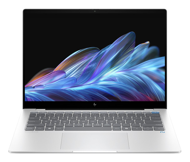 HP OmniBook X 14-inch 2.2K touchscreen AI laptop in silver, manufacturer renewed condition.