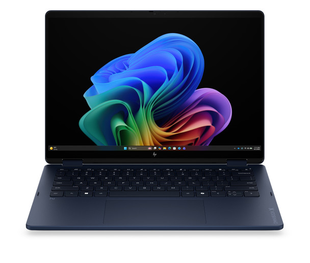 Atmospheric Blue HP OmniBook Ultra Flip 14-fh 2-in-1 laptop shown in tent mode, highlighting the edge-to-edge 2.8K OLED touchscreen and AI-powered webcam.