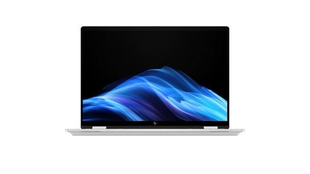 Glacier Silver HP OmniBook X Flip 14-fm0047nr 2-in-1 laptop in tent mode showing its 14-inch touchscreen display.