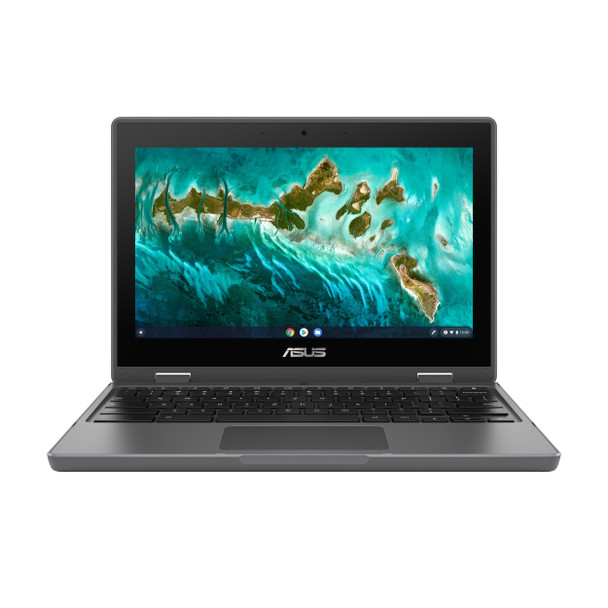Dark Gray Asus Chromebook Flip CR1 11.6 Inch Chromebook, highlighting its rugged 2-in-1 touchscreen design and Grade A condition.