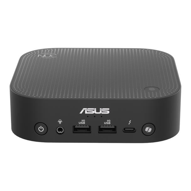 ASUS NUC 14 Pro AI Mini PC in black, showcasing its ultra-compact design and professional finish.
