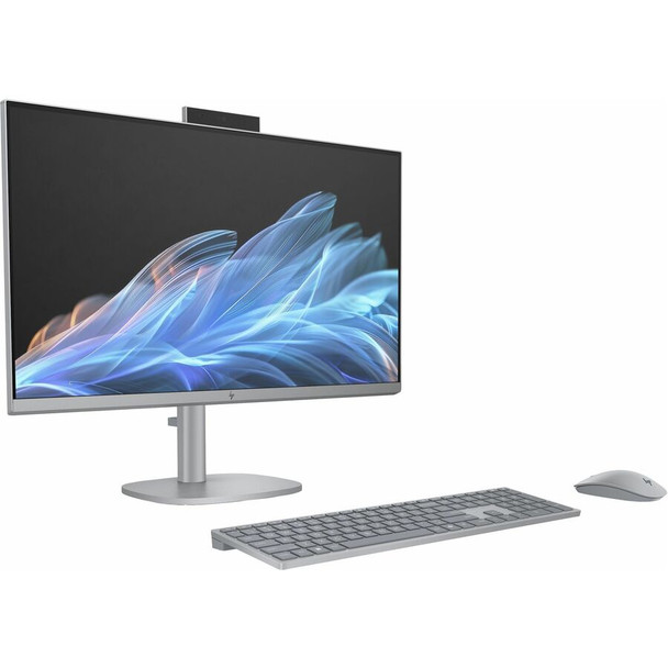 The Silver HP OmniStudio X 27-cs0009 All-in-One PC featuring a slim 27-inch three-sided micro-edge display and a matching Meteor Silver keyboard and mouse.