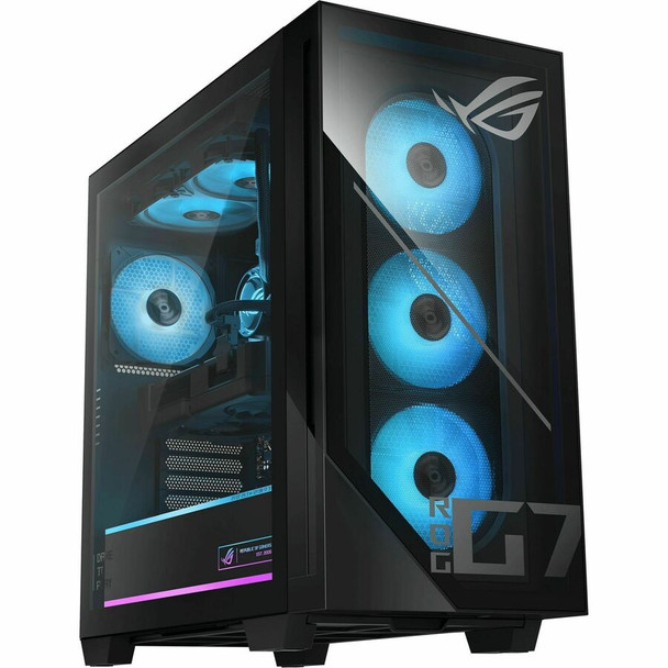 Front angle of the black Asus ROG GM700 gaming desktop tower featuring the ROG logo.