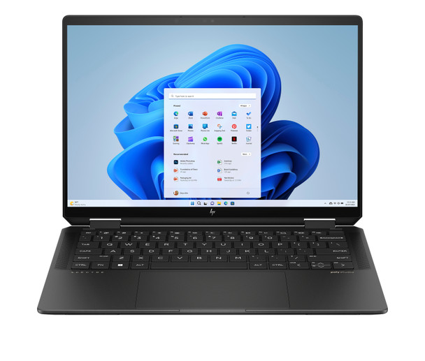 Nightfall Black HP Spectre x360 16-inch 2-in-1 laptop in tent mode, highlighting the 3K OLED touchscreen display and premium aluminum chassis.