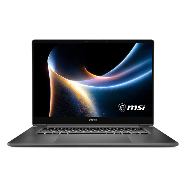 MSI Prestige 16 Flip AI 2-in-1 laptop shown in tent mode to highlight the 16-inch 3K OLED touchscreen and 360-degree hinge.