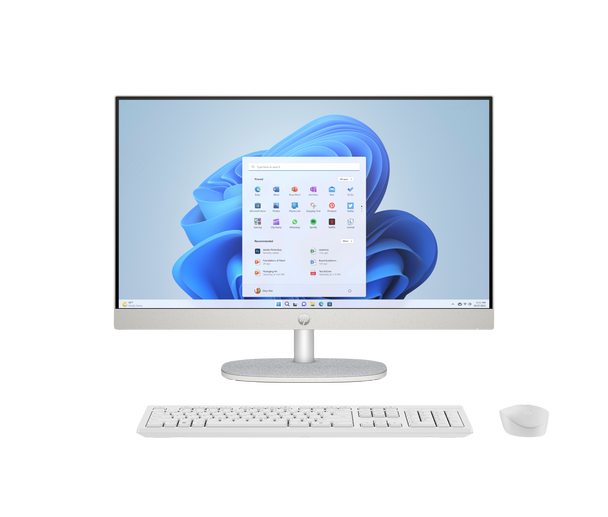 Front view of the Shell White HP 24-cr0913w All-in-One PC highlighting the 23.8-inch micro-edge touchscreen and matching wireless keyboard.