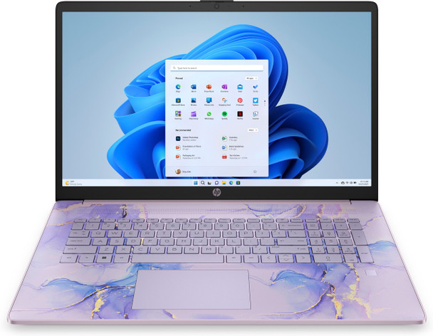 HP 17-inch Notebook in Winter Lavender and Natural Silver showing 17.3-inch HD+ touchscreen and backlit keyboard.