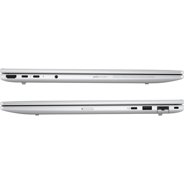 Side profile of the slim glacier silver chassis highlighting the dual Thunderbolt 4 ports.