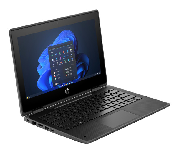 Front view of the HP Fortis Flip G1i in laptop mode showing the 11.6-inch BrightView touchscreen.