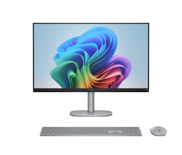 Front view of the meteor silver HP OmniStudio 27-inch All-in-One PC