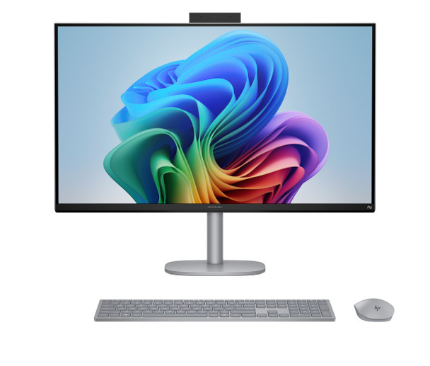Front view of the Meteor Silver HP OmniStudio X featuring a massive 31.5-inch 4K UHD micro-edge display.