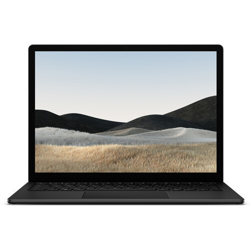 A sleek matte black Microsoft Surface Laptop 4 with its 13.5-inch PixelSense touchscreen display open, showing a high-resolution interface.