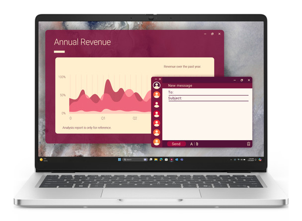 Front view of the Dell Pro PC14250 showcasing the 14-inch FHD+ anti-glare display and sleek Platinum Silver finish.