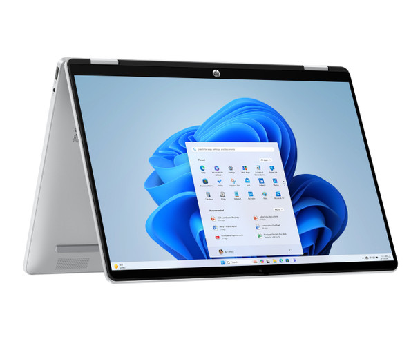 A glacier silver HP OmniBook 5 Flip 14-inch 2-in-1 notebook in tent mode, showcasing its 360-degree hinge and edge-to-edge glass touchscreen.