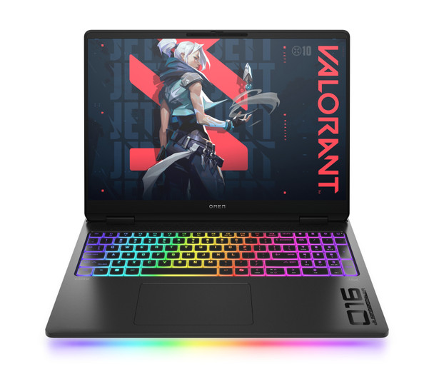 A shadow black HP OMEN MAX 16 laptop featuring a sleek matte finish and per-key RGB backlit keyboard.